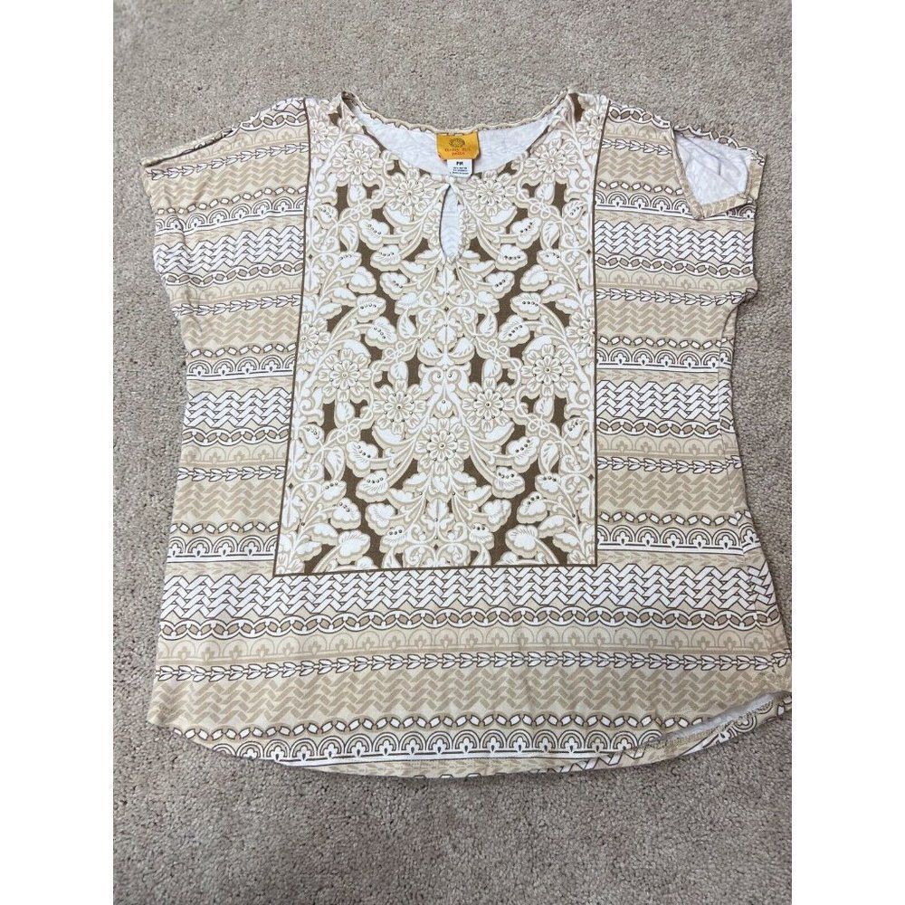 Rudy Rd. blouse short sleeve stretch white and tan beans design women's size MP